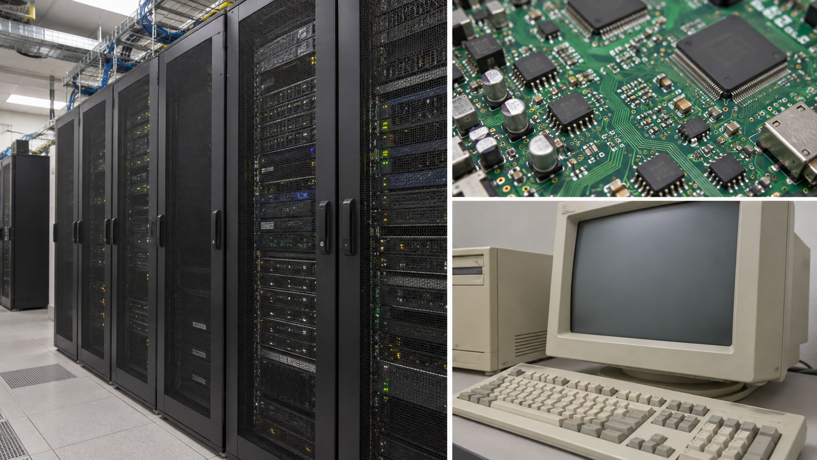 Illustrative montage of server racks, a circuit board, and a vintage computer